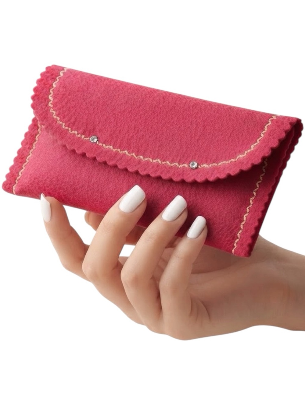Vintage 50s Pink Felt Eyeglass Case Hand-Crafted Rhinestones Zig-Zag Stitching